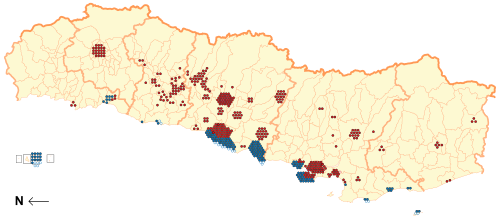 Geographic distribution of the death toll (red: caused by the earthquake; blue: caused by the tsunami).