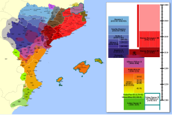 The county of Barcelona (red) in the context of peninsular expansion of the Crown of Aragon.