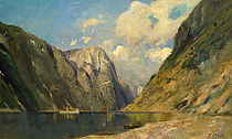 Fritz Grebe: «Blick in den sommerlichen Hardanger Fjord», olje på tre