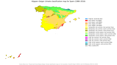 Mapa classificació de climes Köppen Geiger de la Península Ibèrica, Illes Balears i Illes Canàries