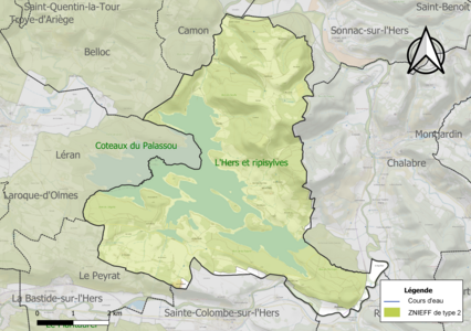 Carte des ZNIEFF de type 2 sur la commune.