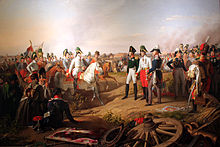 Représentation de la bataille de Leipzig, avec au centre les souverains de Russie, d'Autriche et de Prusse, avec derrière eux l'état-major et devant eux les généraux et la cavalerie coalisée venant annoncer la défaite de Napoléon.