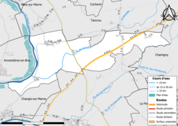 Carte en couleur présentant le réseau hydrographique de la commune