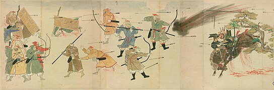 Scène de bataille illustrant les invasions mongoles du Japon. Rouleaux illustrés des invasions mongoles, XIIIe.