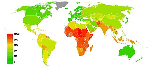 Taxa mundial de mortalitat materna per cada 100.000 nascuts vius (2010)[197]