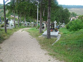 Drumul prin cimitir către Biserica catolică din Leghia