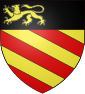 Blason +á la bande noire en haut portant un lion jaune et rouge, trois bandes jaunes et trois bandes rouges obliques sur les deux tiers bas.