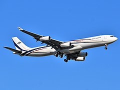 Kingdom of Eswatini Airbus A340-313 3DC-SDF approaching JFK Airport.jpg