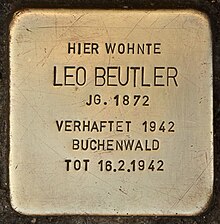 Stolperstein: Hier wohnte, Leo Beutler, Jahrgang 1872, verhaftet 1942, Buchenwald, tot 16.2.1942