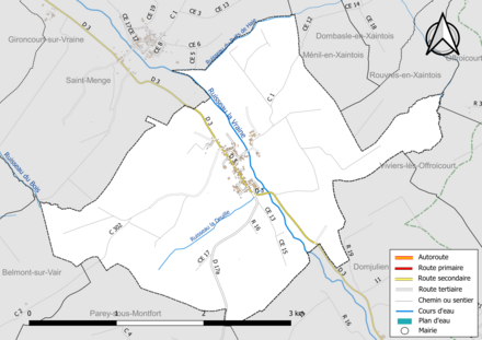 Carte en couleur présentant le réseau hydrographique de la commune