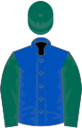 Royal blue, dark green sleeves and cap