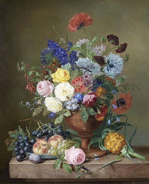 File:Adriana van Ravenswaay A vase of mixed flowers and fruit on a marble ledge.jpg