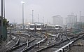 Pemandangan depot LRT Ampang di waktu pagi dari platform pulau di stesen LRT Ampang.