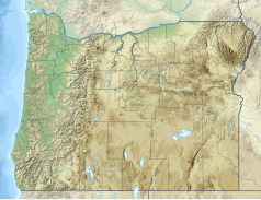 Mapa konturowa Oregonu, u góry nieco na lewo znajduje się punkt z opisem „Multnomah Falls”