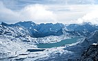   View of Lago Bianco from Diavolezza cable car, Grisons, Switzerland.