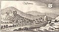 Stadtansicht des Kupferstechers Matthäus Merian von 1643 mit der darüberliegenden Burg Schiltach