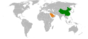 Mapa indicando localização da Arábia Saudita e do China.