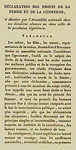 Primera pàgina de la Declaració dels Drets de la Dona i de la Ciutadana