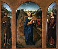 Triptych with The Rest on the Flight into Egypt label QS:Len,"Triptych with The Rest on the Flight into Egypt" label QS:Lpl,"Tryptyk z ucieczką do Egiptu" label QS:Lnl,"Drieluik met De vlucht naar Egypte" Circa 1470-1480. oil on panel medium QS:P186,Q296955;P186,Q106857709,P518,Q861259 . height: 47 cm (18.5 in) dimensions QS:P2048,47U174728 Paris, Louvre Museum.