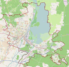 Mapa konturowa Szczecina, blisko centrum na lewo znajduje się punkt z opisem „II Liceum Ogólnokształcące im. Mieszka I w Szczecinie”