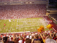 The Razorback football team takes the field