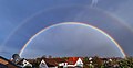 * Nomination Double rainbow by refraction of sunlight in the raindrops --F. Riedelio 15:35, 13 March 2022 (UTC) * Promotion Needs a perspective correction. The contrasts / saturation may have been pushed a little bit too far to highlight the rainbows? --Trougnouf 16:53, 16 March 2022 (UTC)  New version Thanks for the review. --F. Riedelio 08:14, 17 March 2022 (UTC) It's better but the perspective is still off. It needs approximately 0.93 degrees clockwise rotation and 0.151 vertical lens shift for the vertical lines to be straight. --Trougnouf 09:12, 17 March 2022 (UTC)  New version Next try, thanks for the review. --F. Riedelio 16:45, 18 March 2022 (UTC)  Support Much better, thanks. --Trougnouf 19:39, 18 March 2022 (UTC)