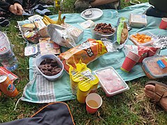 Repas d'un pique-nique au Parc Montsouris à Paris.