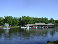 The Verona Park Boathouse, viewed from the north-west shore of Verona Lake