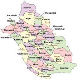 Location of Mohr County in Fars province (bottom left, purple)