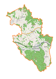 Mapa konturowa gminy Janowice Wielkie, blisko centrum na prawo znajduje się ikonka pałacu z opisem „Pałac Schaffgotschów”