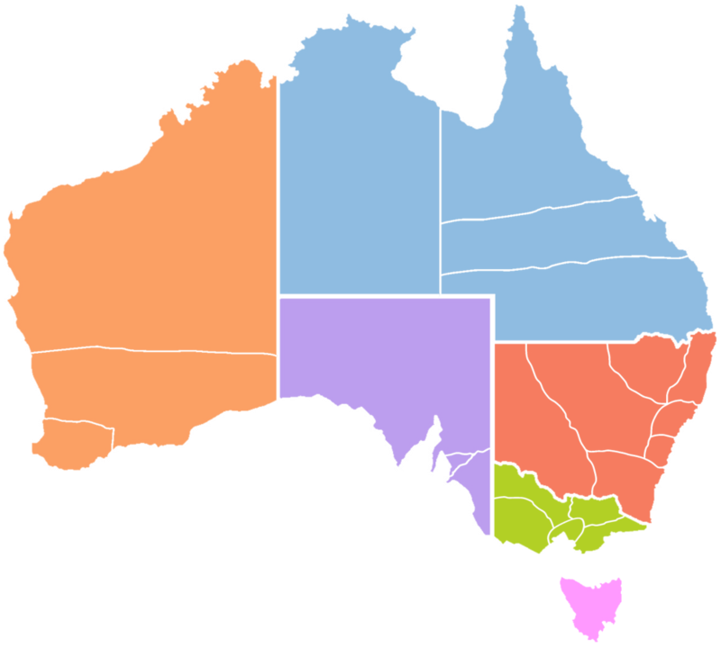 Australia map. The six provinces (shown in colour) and 23 dioceses of the Anglican Church of Australia