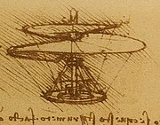 Sketch in pen and ink of an idea for a flying machine with a spiral rotor, Leonardo da Vinci.