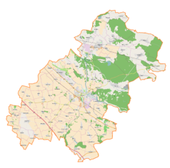 Mapa konturowa powiatu oławskiego, na dole nieco na prawo znajduje się punkt z opisem „Pałac w Gaci”