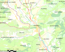 Carte élémentaire montrant les limites de la commune, les communes voisines, les zones de végétation et les routes