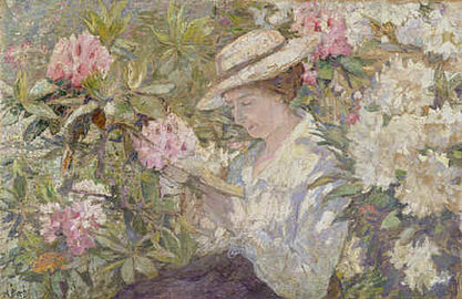 Femme lisant dans un massif de rhododendrons, collection privée.