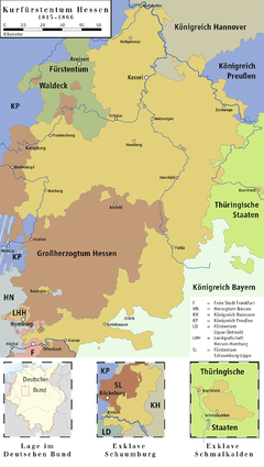 Gult markerar Kurhessens territorier på stora kartan samt dess exklaver i Schaumburg och Schmalkalden på de två mindre kartorna ovan.