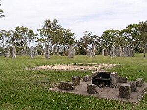 Standing stones at Glen Innes, New South Wales with a 'themed' barbecue place in the foreground.