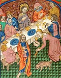 Mary Magdalen anointing Christ's feet. Illuminated manuscript, c. 1500