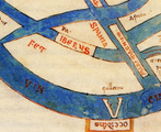 Detalle do mapa das Etimoloxías de Sancha I. Elaborado tamén para a educación dos seus fillos, o mapa presenta Gallecia como único nome do reino. Ano 1047.