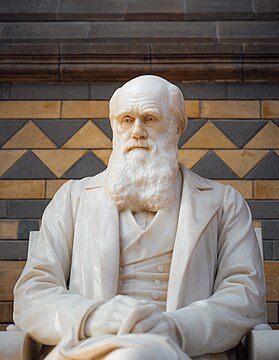 Statue of Charles Darwin in the central hall of the Natural History Museum in London. Focus on the statue's head with the upper body and hands included but out of focus.