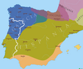 Image 12Iberian Peninsula c. 560. Suebi territory with its capital in Braga (blue); Visigothic territory with its capital in Toledo (green) (from History of Portugal)