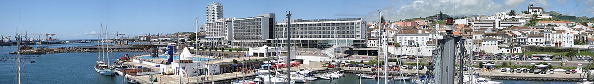 Panorama of the Marina Pêro de Teive, a yachting centre and tourist area near the port of Ponta Delgada (the Marine Atlantic Hotel in the background)