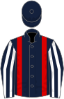 Dark blue, red braces, dark blue and white striped sleeves