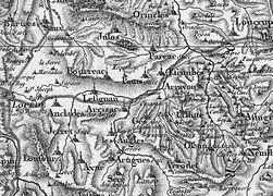 Extrait de la carte de Cassini mentionnant les noms de communes, paroisses ou succursales de paroisse comme Bourréac, et leurs hameaux,vers 1810