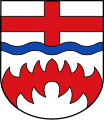 Sankt-Georgs-Kreuz, blauer Wellenbalken und roter Rautensparren im Wappen des Kreises Paderborn