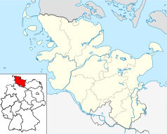 Mapa konturowa Szlezwika-Holsztynu, na dole nieco na prawo znajduje się punkt z opisem „Glinde”