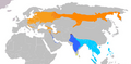 Mapa rozšírenia druhov F.parva, F.albicilla a F.subrubra       Hniezdisko F.parva       Hlavné zimovisko F.parva       Hniezdisko F.albicilla       Hlavné zimovisko F.albicilla       Hniezdisko F.subrubra       Hlavné zimovisko F.subrubra       a červené čiary – kontaktná oblasť F.parva a F.albicilla