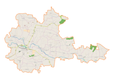 Mapa konturowa gminy Proszowice, po lewej nieco na dole znajduje się punkt z opisem „Proszowice”