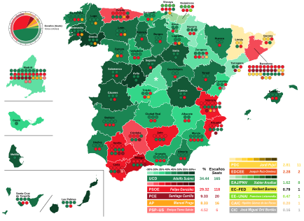 Map of Spain showcasing seat distribution by Congress of Deputies constituency