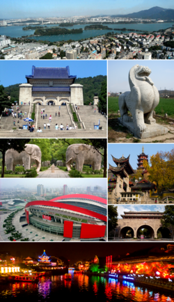 Clockwise from top: 1. the city, Xuanwu Lake and Purple Mountain; 2. stone sculpture "bixie"; 3. Jiming Temple; 4. Yijiang Gate with the City Wall of Nanjing; 5. Qinhuai River and Fuzi Miao; 6. Nanjing Olympic Sports Centre; 7. the spirit way of Ming Xiaoling Mausoleum; 8. Sun Yat-sen Mausoleum